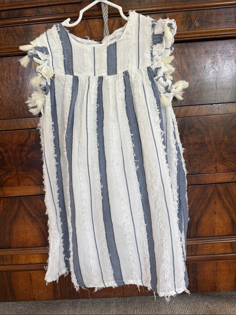 Poppet & Gox Girls' Blue and White Striped Ruffle Sleeve Dress